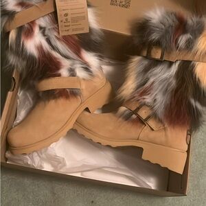 BearPaw Tan Boots with Multicolor Fur